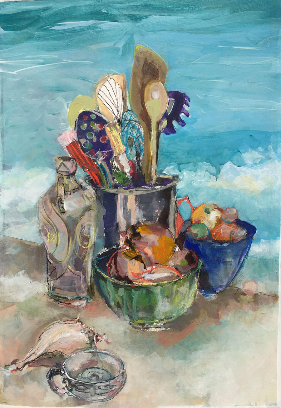 Nancy Hamlin-Vogler painting of kitchen bowls, utensils and similar