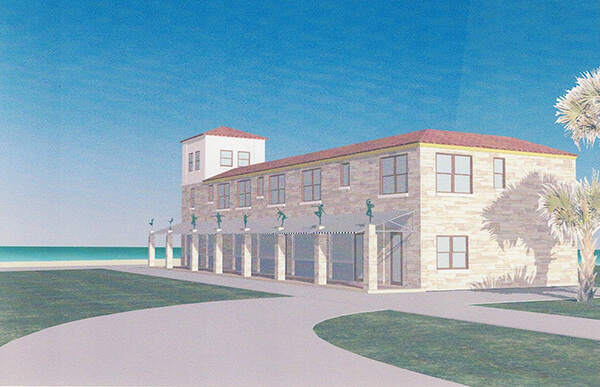 sketch of the proposed exterior. Large brick building.